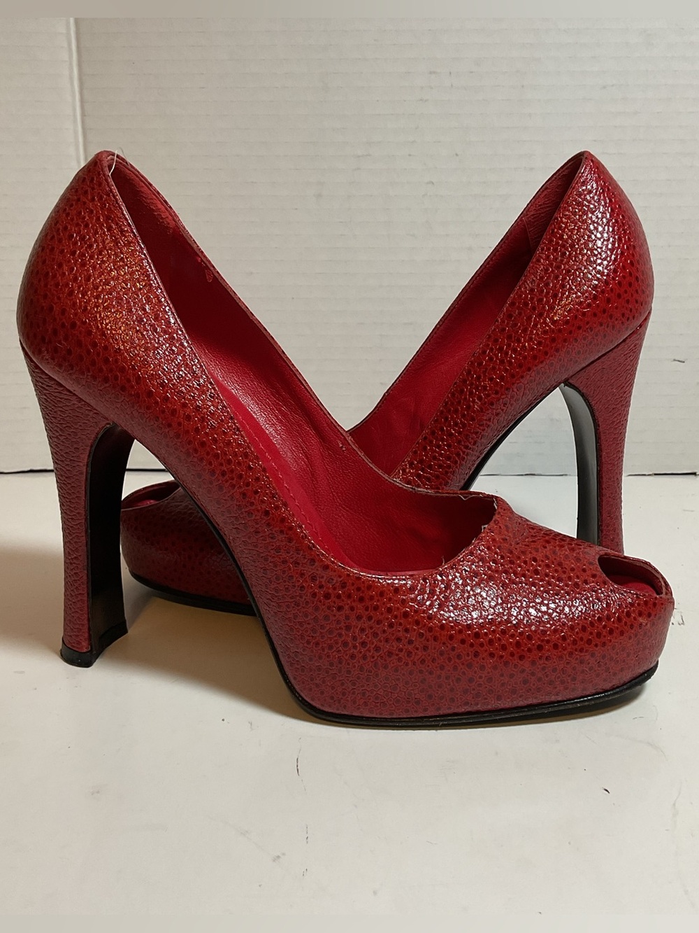 Casadei Italian Red Textured Leather Peep-Toe Stiletto Heels
